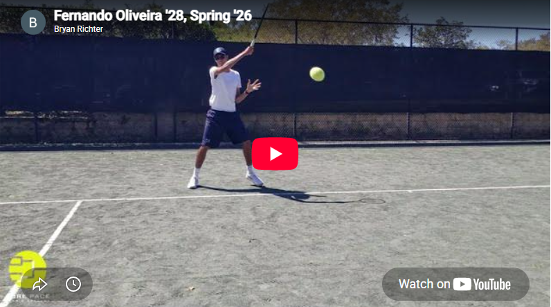 Tennis player on an outdoor court about to hit a ball; YouTube thumbnail for Fernando Oliveira '28, Spring '26'