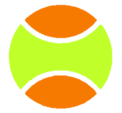 Stylized tennis-ball logo: bright green circle with orange curved segments at the top and bottom, outlined in black.