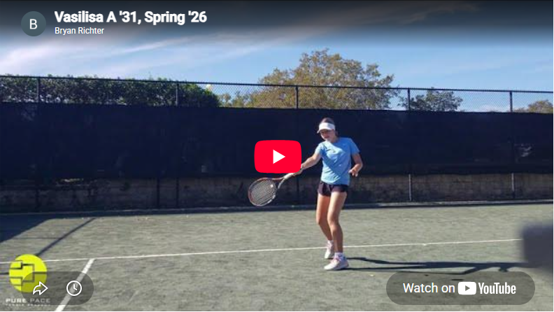 YouTube video thumbnail: female tennis player in a blue shirt and white cap on an outdoor court, preparing a shot (Vasilisa A '31, Spring '26).
